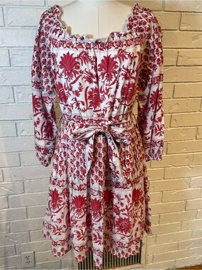 Madison Mathews 100% Cotton Red Block Print Mini Dress Womens L
